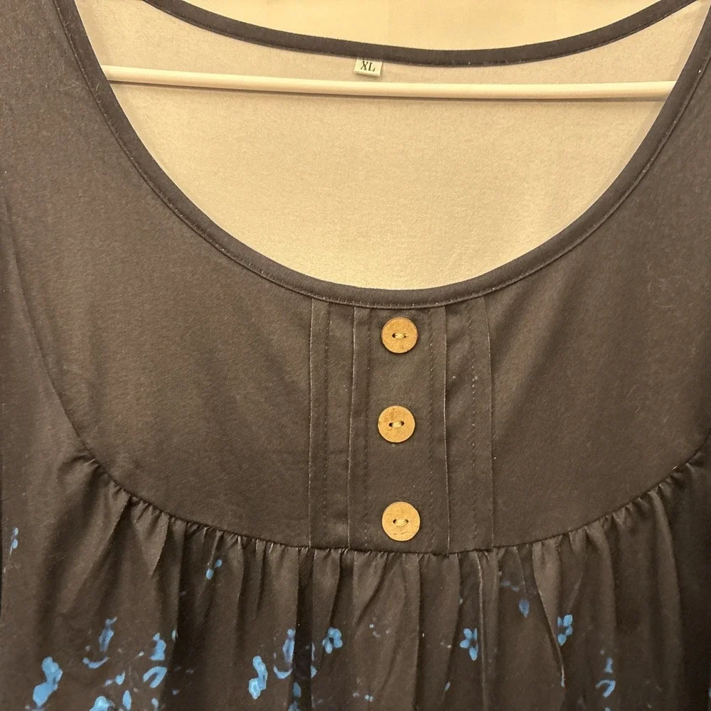 Women's Black Blue Floral Ombre Long Sleeve Faux Button Shirt Size XL - Picture 3 of 6